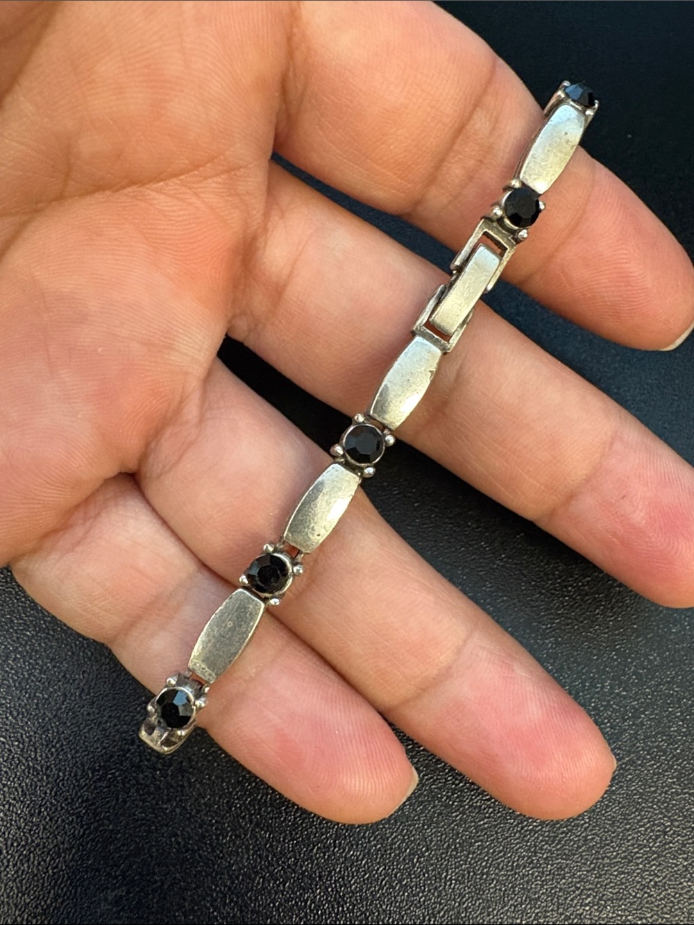 Pretty Silvertone Bracelet with Black Stone Accents